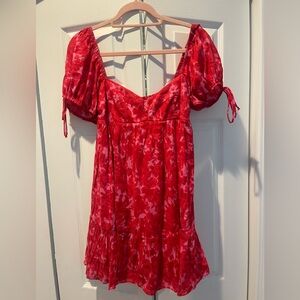 Red Floral Puff Sleeve Dress